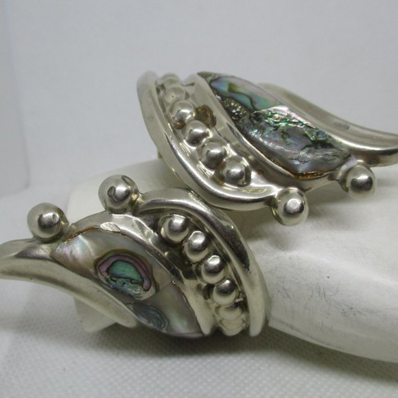 Wide ABALONE MEXICAN SILVER Bracelet Mexican Silver Abalone Swirl Clamper Cuff - Picture 2 of 14